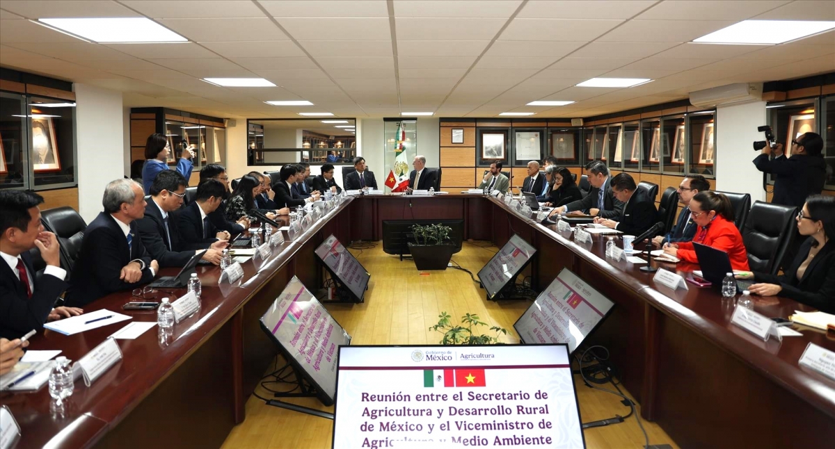 ទិដ្ឋភាពនៃកិច្ចពិភាក្សារវាងគណៈប្រតិភូវៀតណាមនិងថ្នាក់ដឹកនាំនៃក្រសួងកសិកម្ម និងអភិវឌ្ឍន៍ជនបទម៉ិកស៊ិក។ (រូបថត៖ VNA)